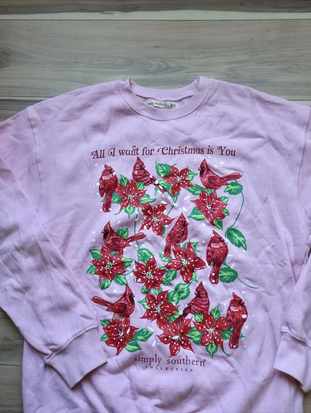 Simply Southern Pink Christmas Sweatshirt Cardinals Poinsettia Sz XS-S